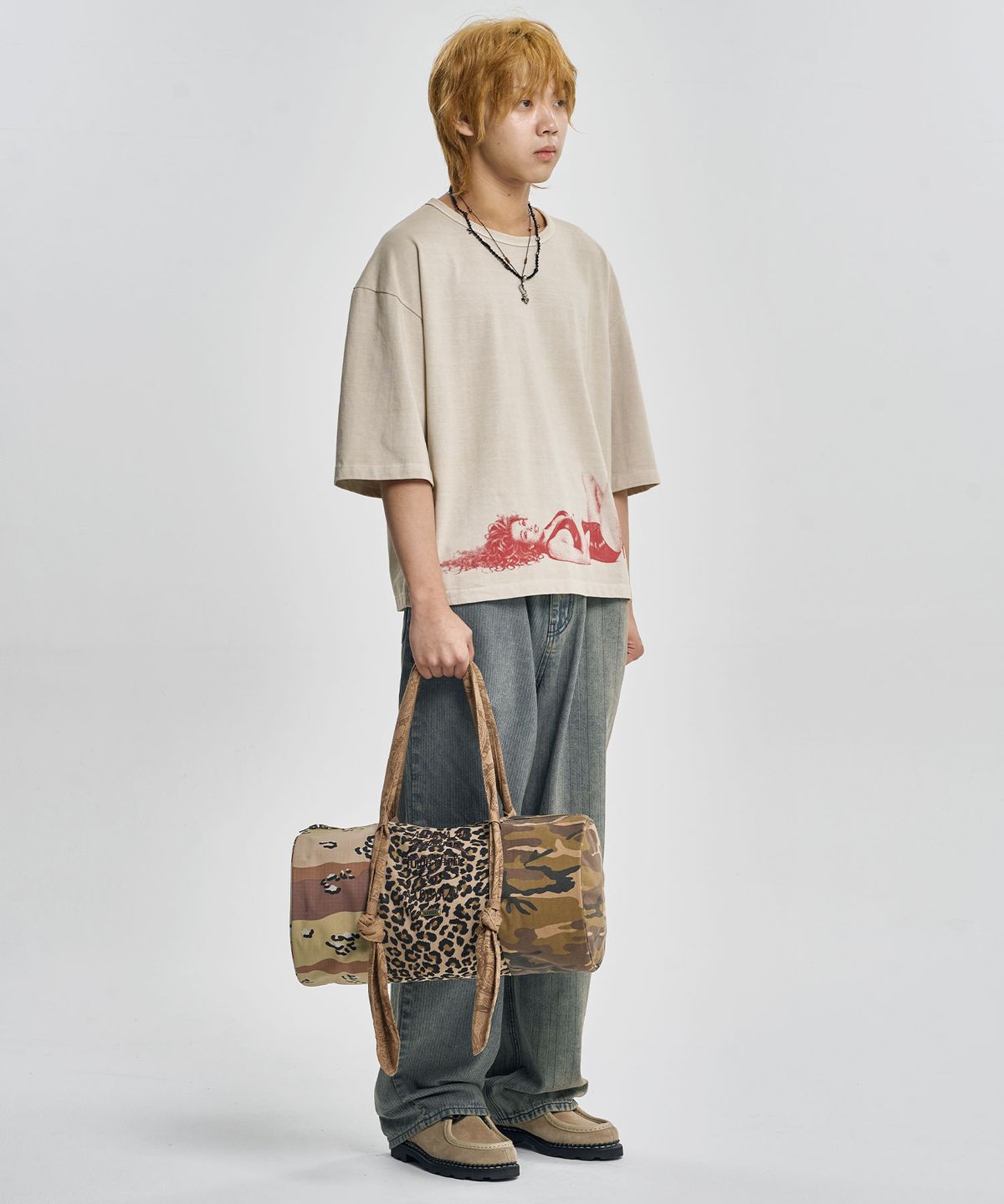아조바이아조(AJOBYAJO) Pattern Mixed Duffle Bag [CAMEL]