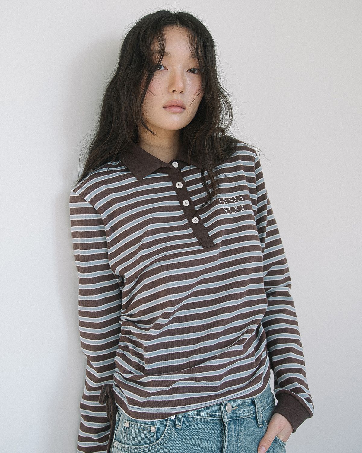 해비즘(HAVISM) STRIPE SHIRRING RUGBY L/S TEE(BROWN)