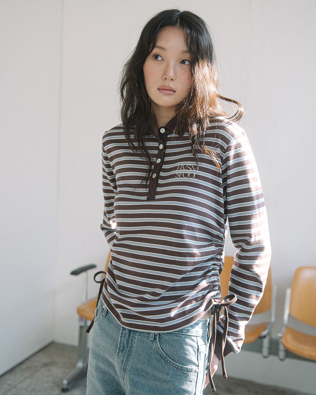 해비즘(HAVISM) STRIPE SHIRRING RUGBY L/S TEE(BROWN)