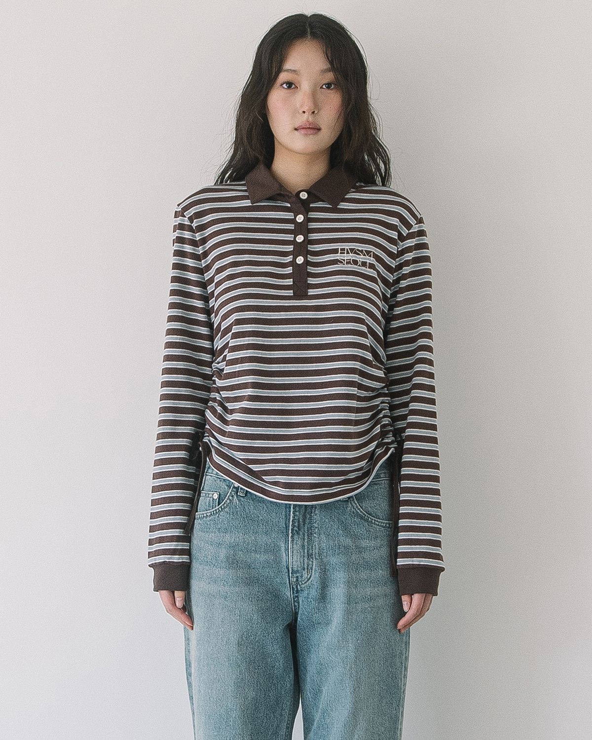 해비즘(HAVISM) STRIPE SHIRRING RUGBY L/S TEE(BROWN)