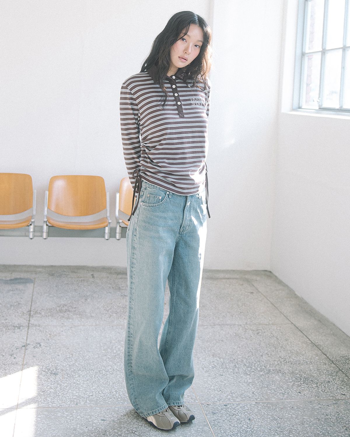 해비즘(HAVISM) STRIPE SHIRRING RUGBY L/S TEE(BROWN)