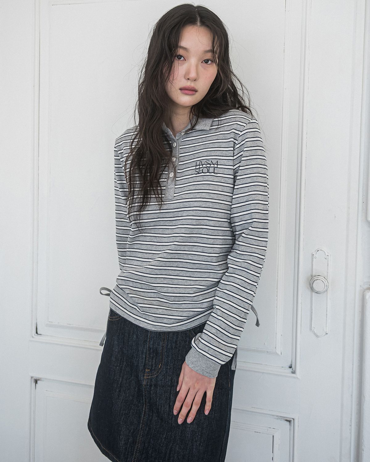해비즘(HAVISM) STRIPE SHIRRING RUGBY L/S TEE(GREY)