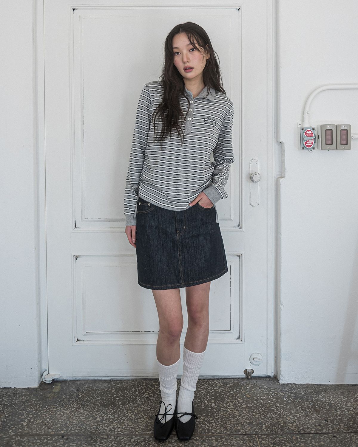 해비즘(HAVISM) STRIPE SHIRRING RUGBY L/S TEE(GREY)