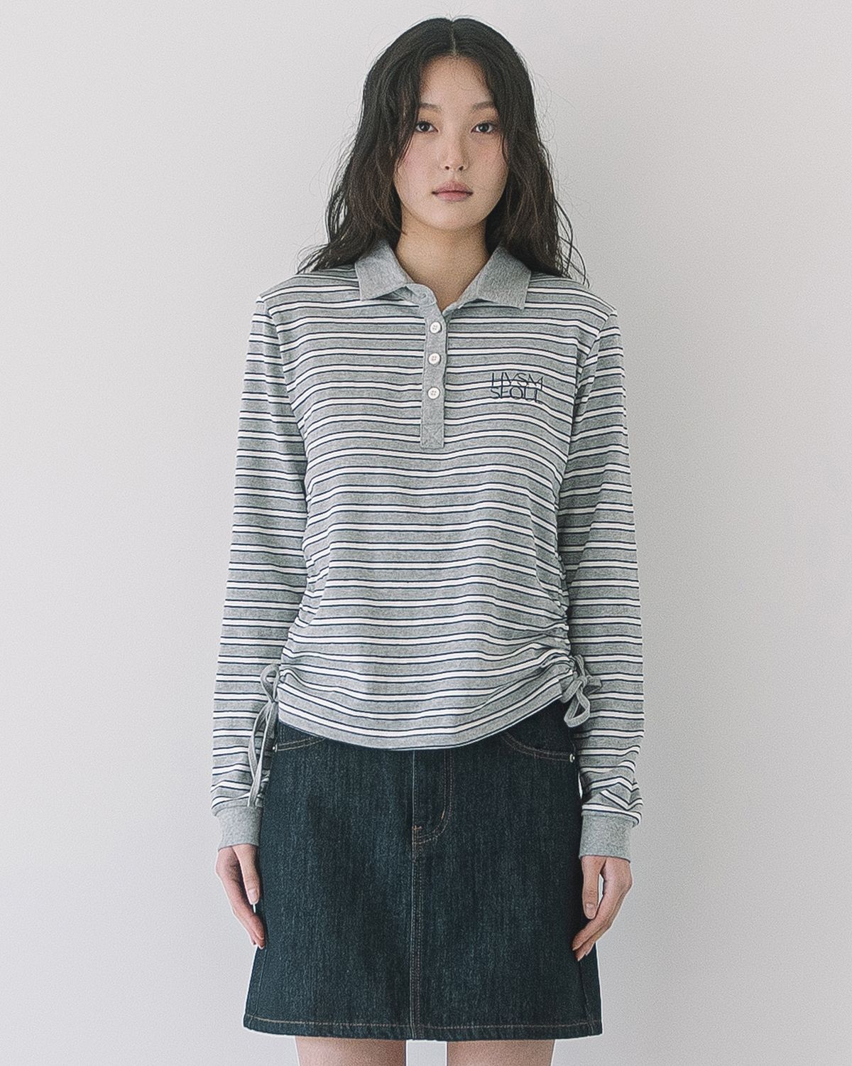 해비즘(HAVISM) STRIPE SHIRRING RUGBY L/S TEE(GREY)