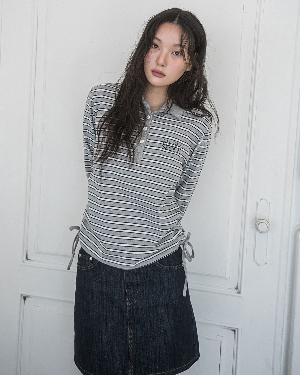 해비즘(HAVISM) STRIPE SHIRRING RUGBY L/S TEE(GREY)