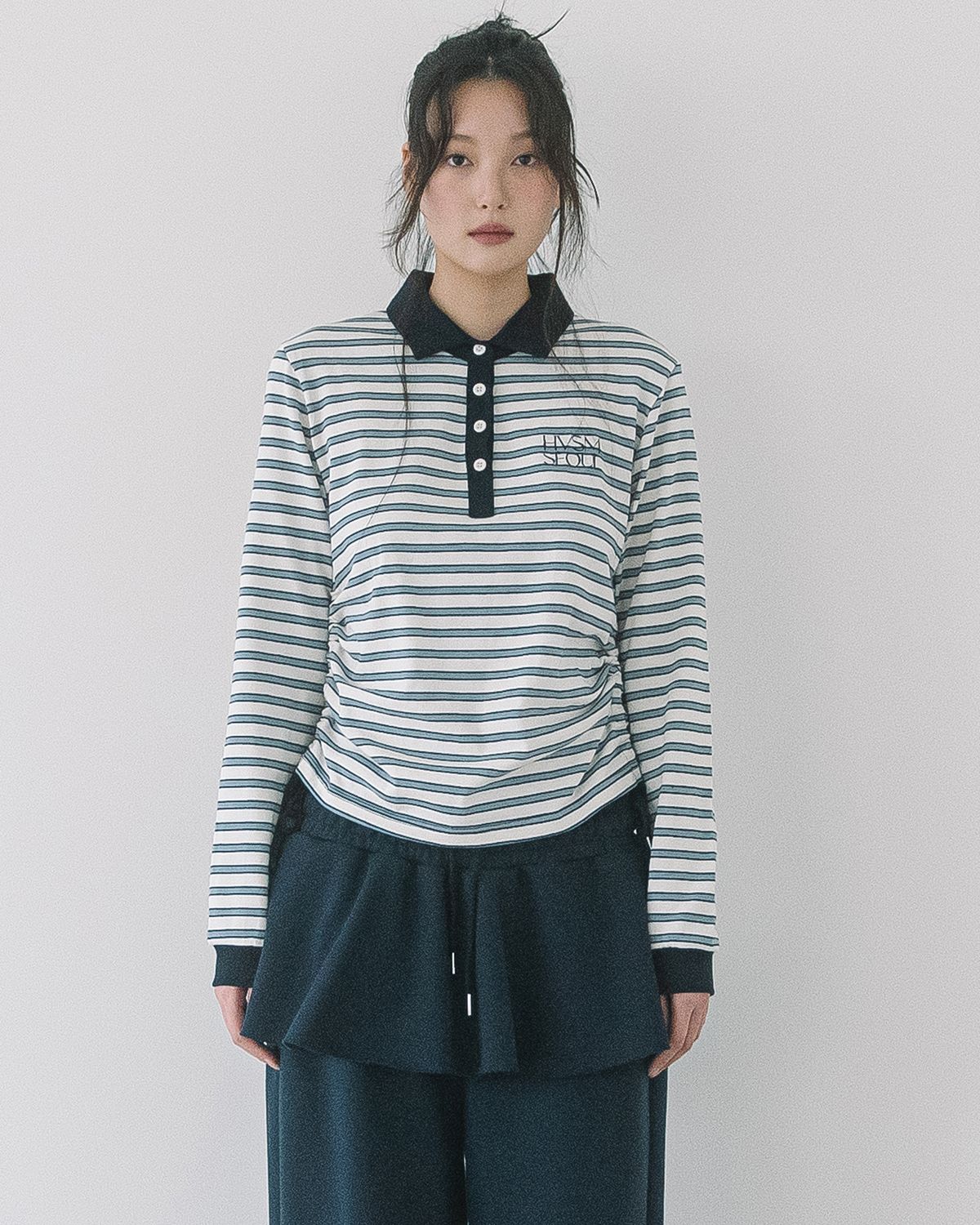 해비즘(HAVISM) STRIPE SHIRRING RUGBY L/S TEE(IVORY)