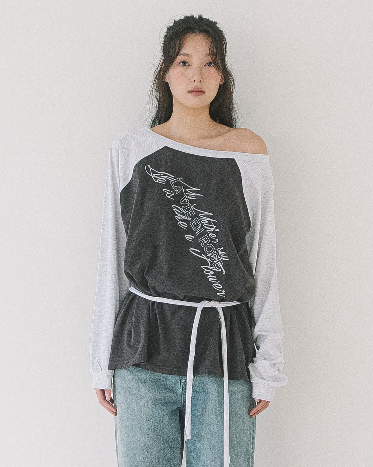 해비즘(HAVISM) LVER BOAT NECK RAGLAN L/S TEE(CHARCOAL)