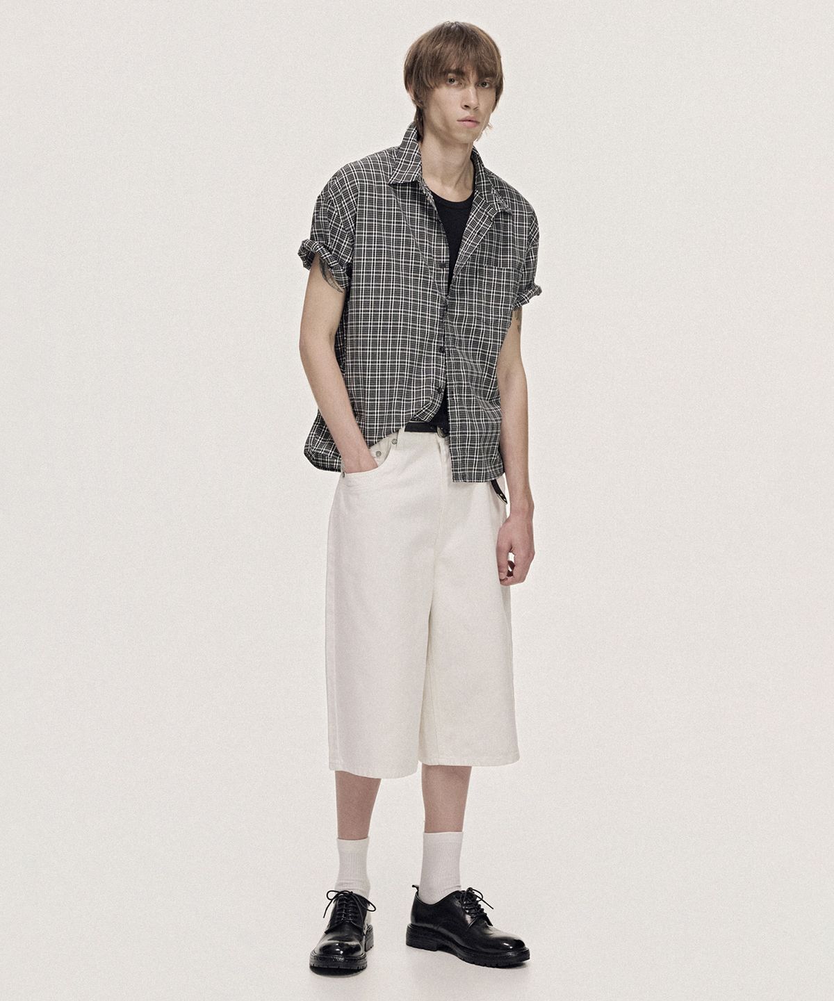 테이크이지(TAKEASY) [크롭 롱 슬리브 추가] 그리드체크 크롭 셔츠 (그리드블랙)
