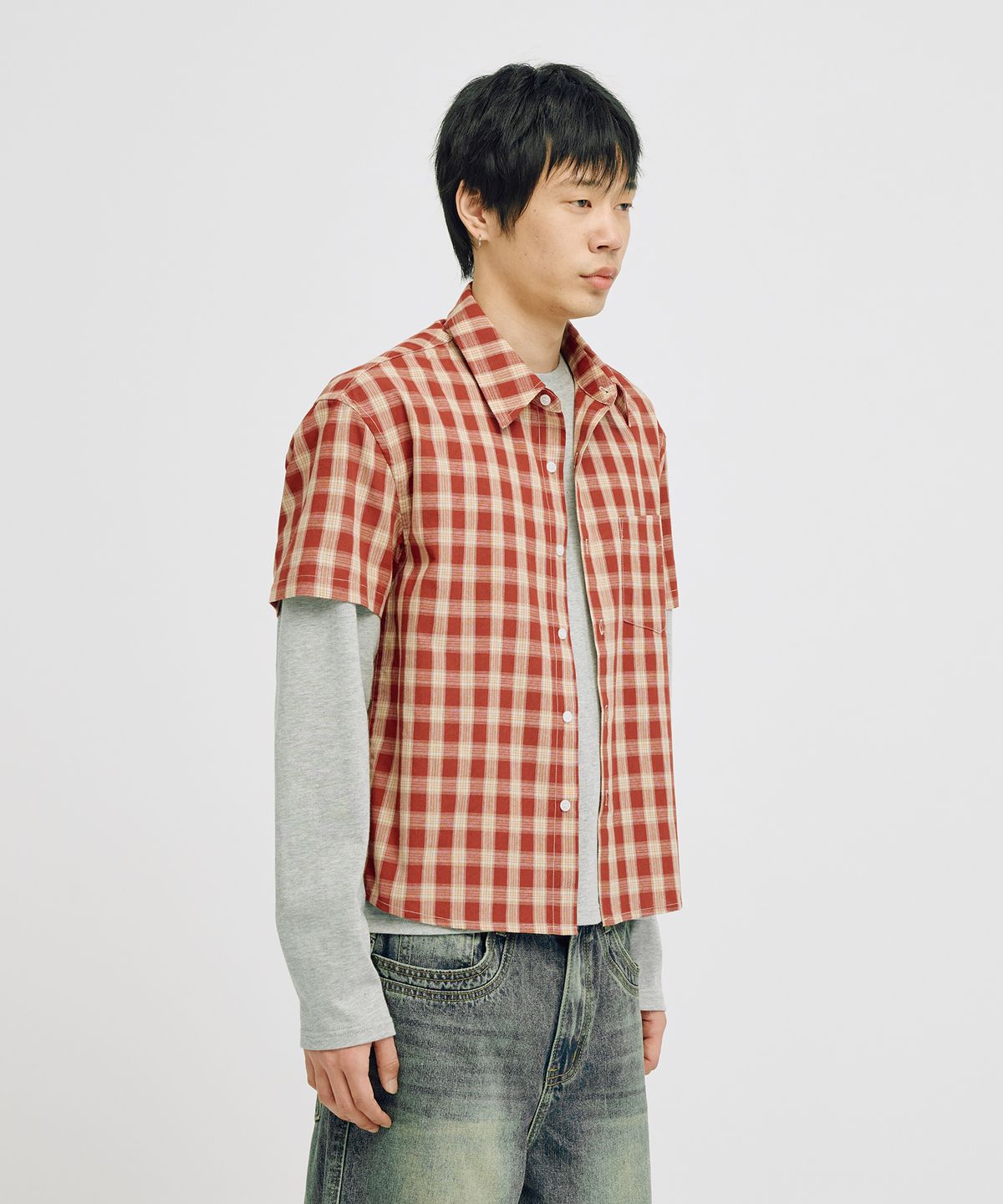 테이크이지(TAKEASY) [크롭 롱 슬리브 추가] 미니체크 크롭 셔츠 (레드)