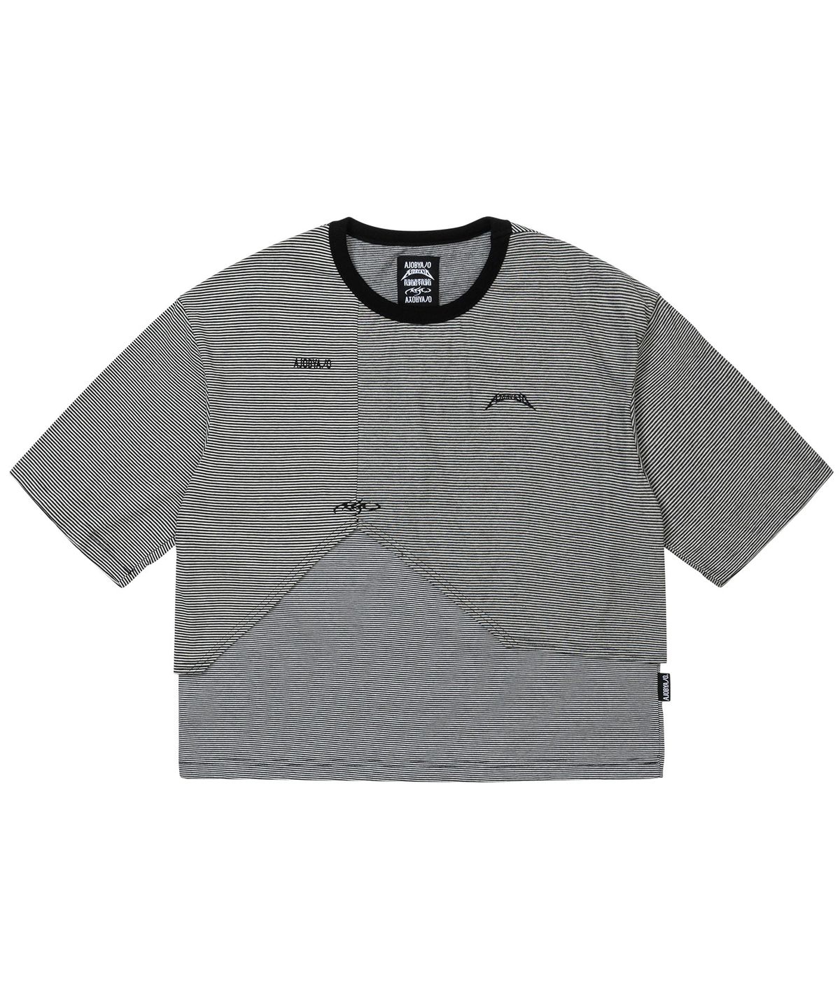 아조바이아조(AJOBYAJO) Paneled Stripe Cropped T-Shirt [BLACK]