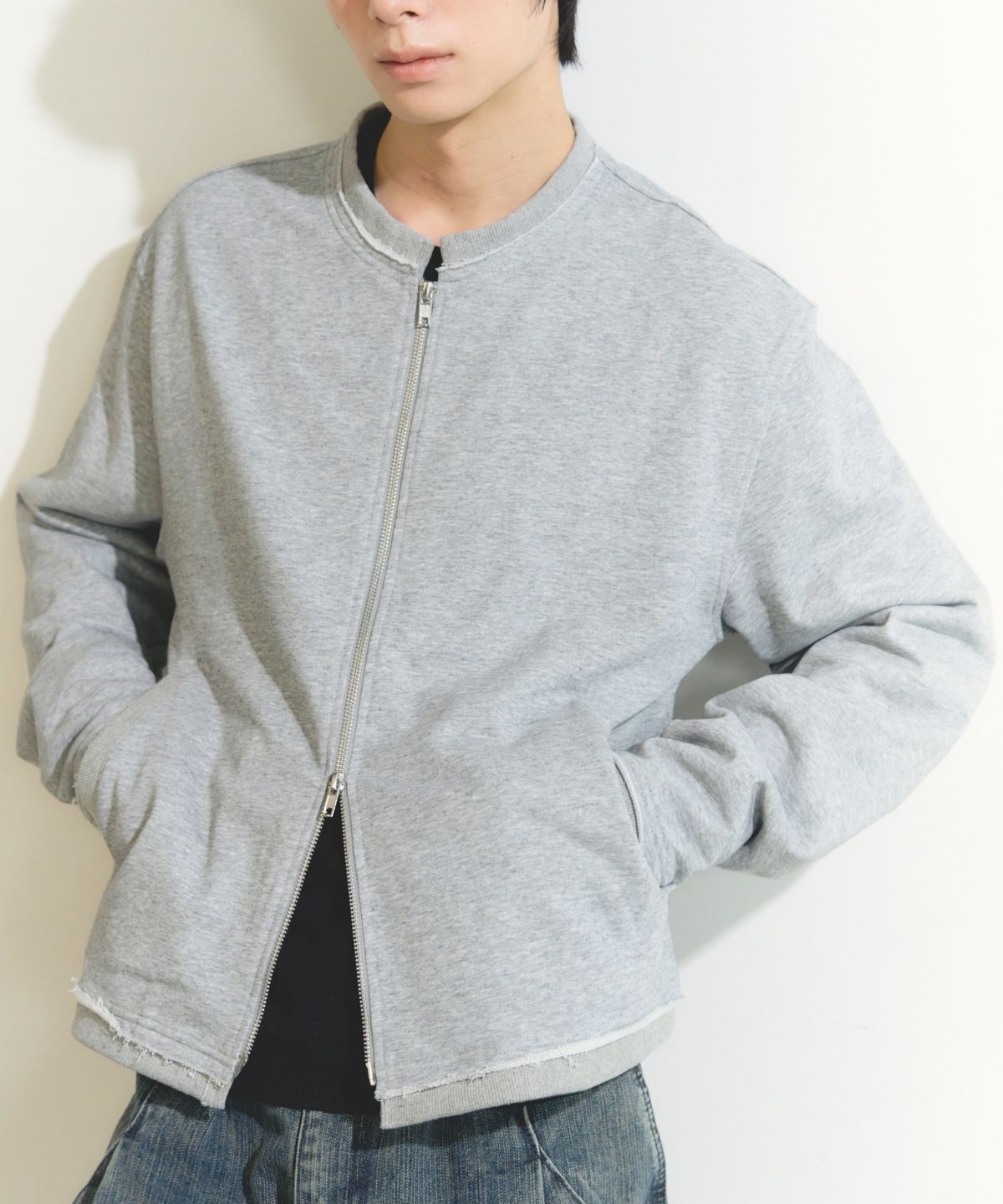 이스트서비스샵(eastserviceshop) 네추럴 커팅 논카라 자켓 - 멜란지 그레이