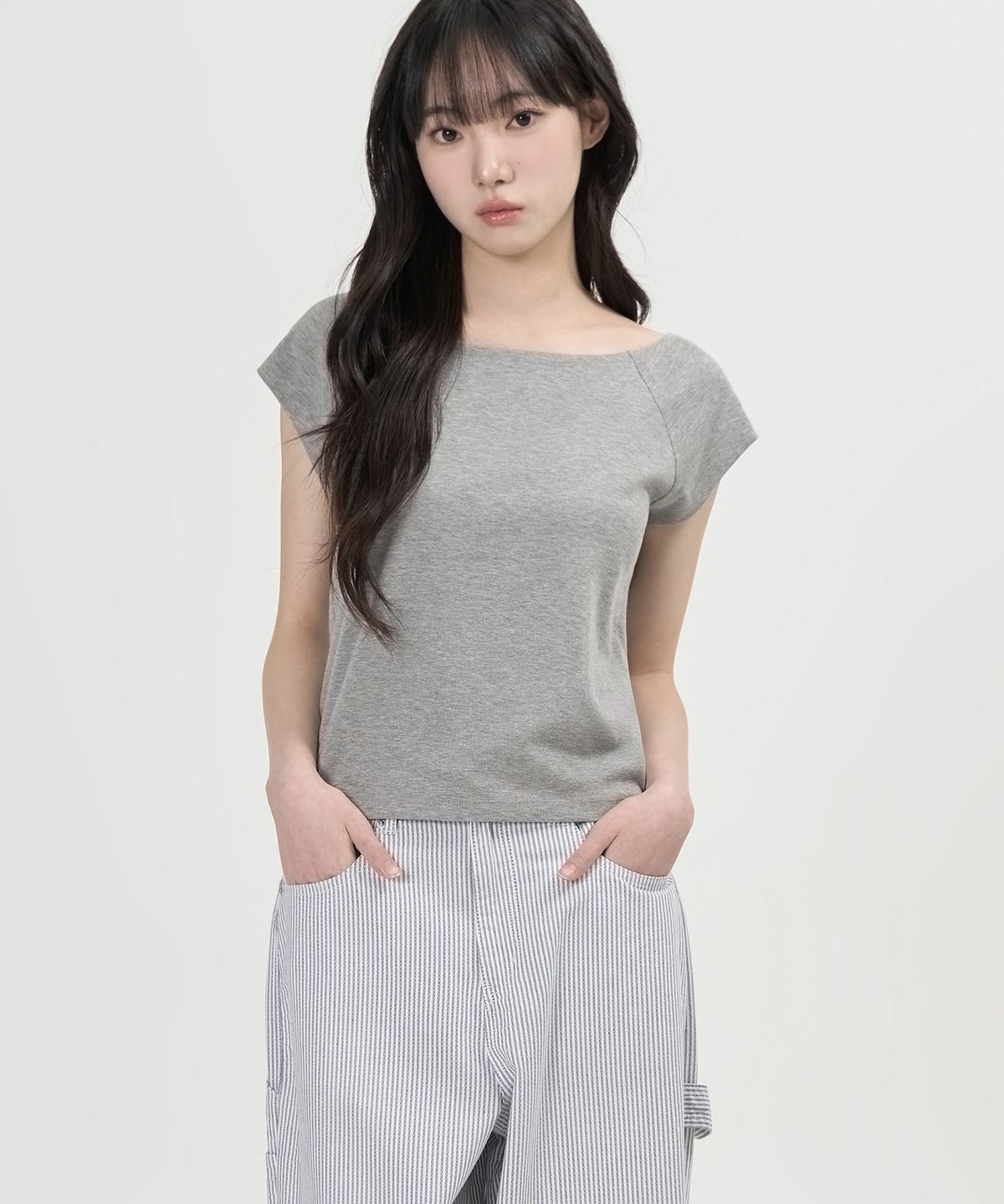 토피 우먼(TOFFEE WOMEN) W 보트넥 하프 슬리브 티셔츠 (GREY)