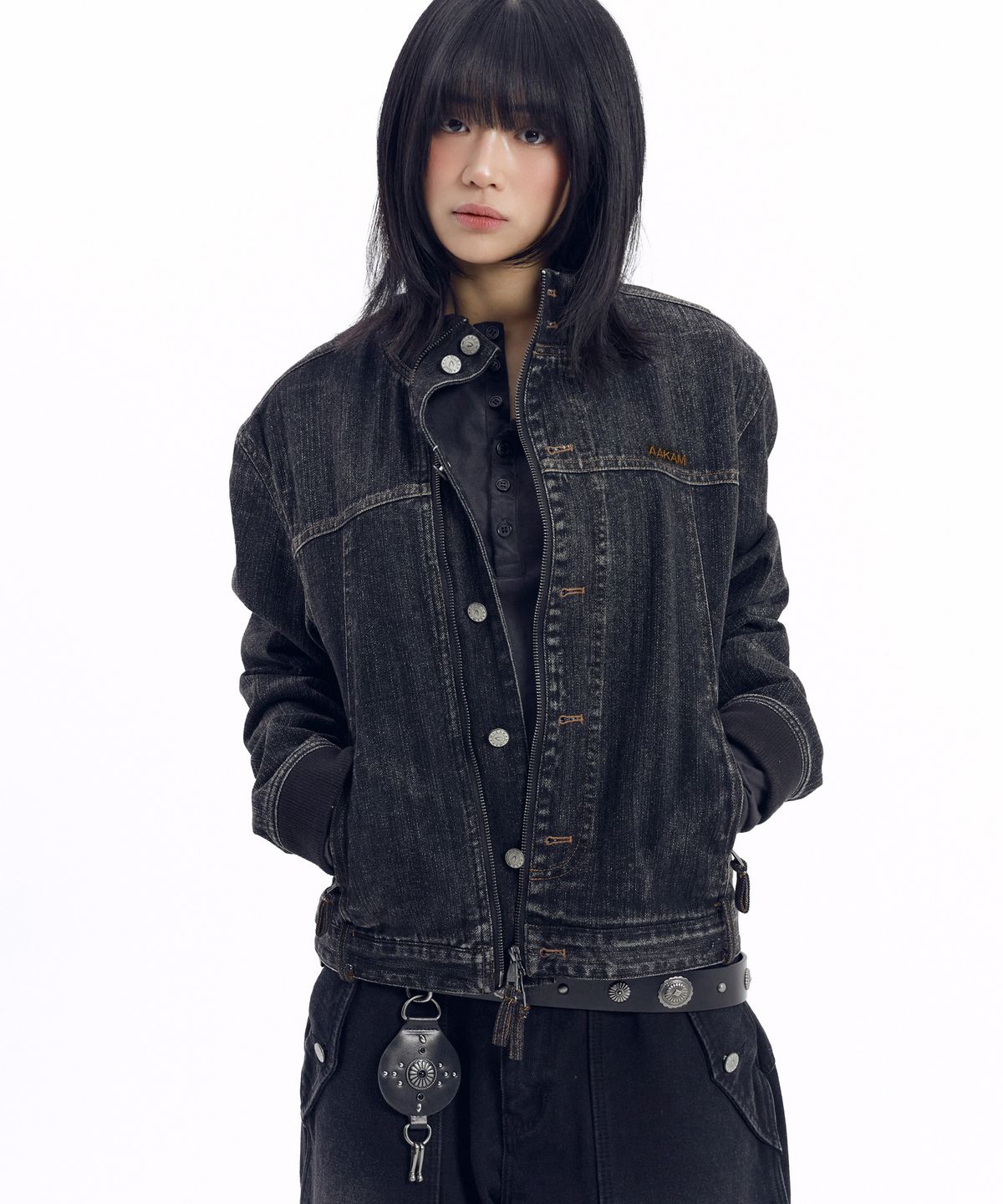 아캄(AAKAM) Ribbed Denim Zip-Up Jacket (Black)