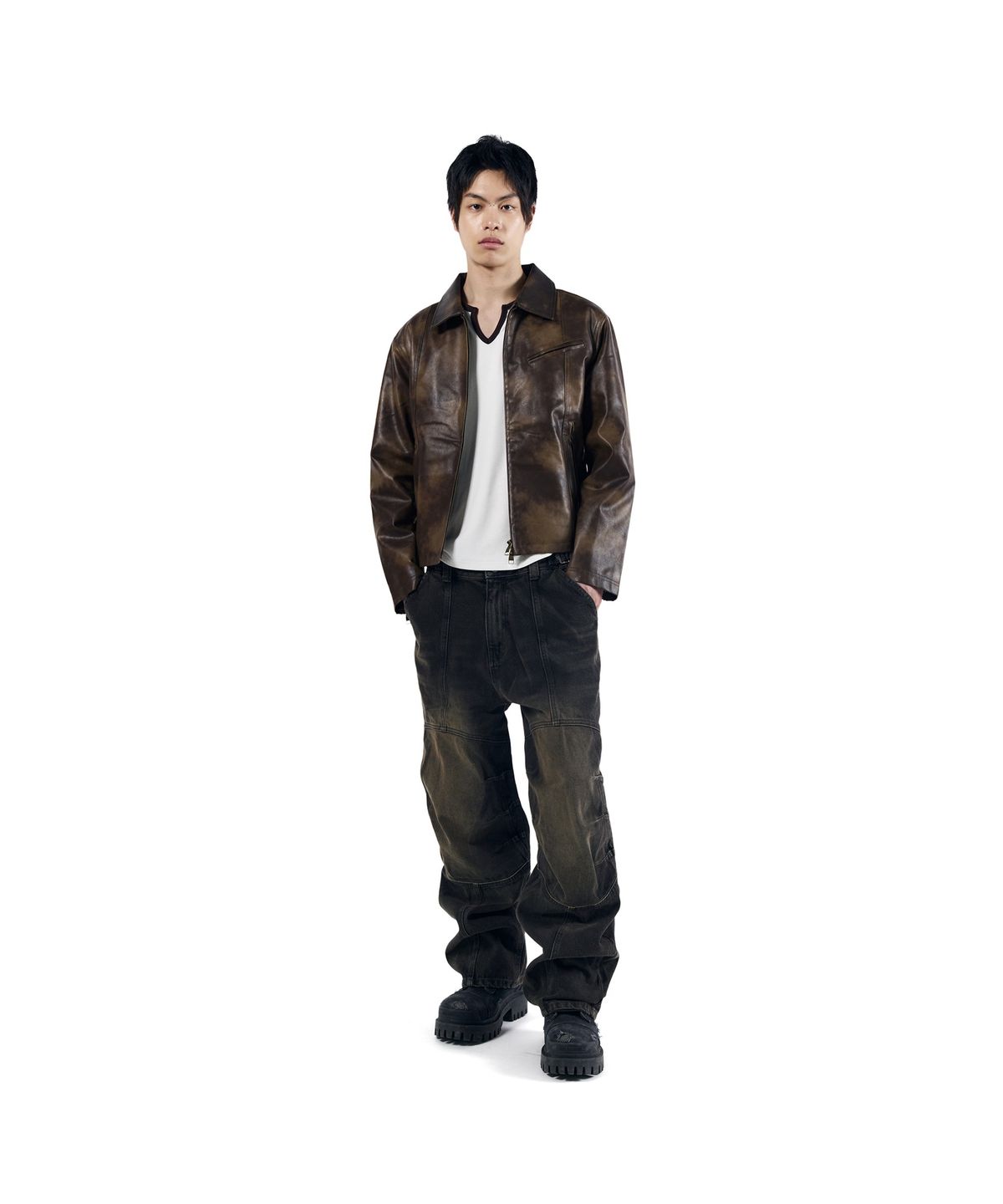 아캄(AAKAM) Salt Washed Leather Jacket (Brown)
