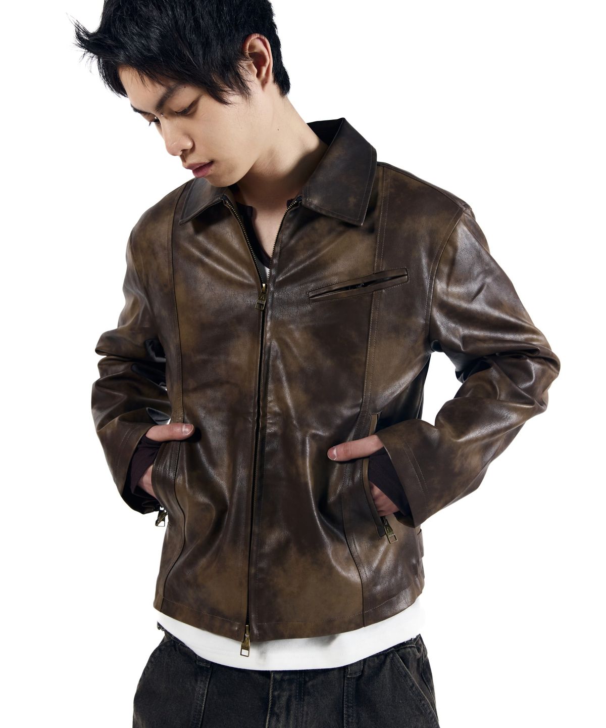 아캄(AAKAM) Salt Washed Leather Jacket (Brown)