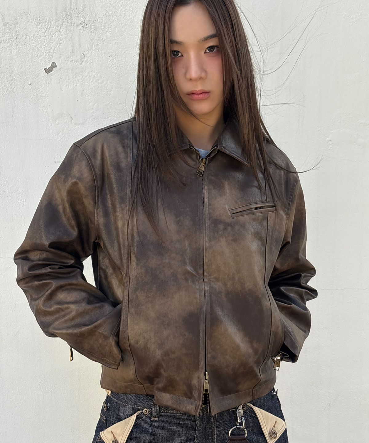 아캄(AAKAM) Salt Washed Leather Jacket (Brown)