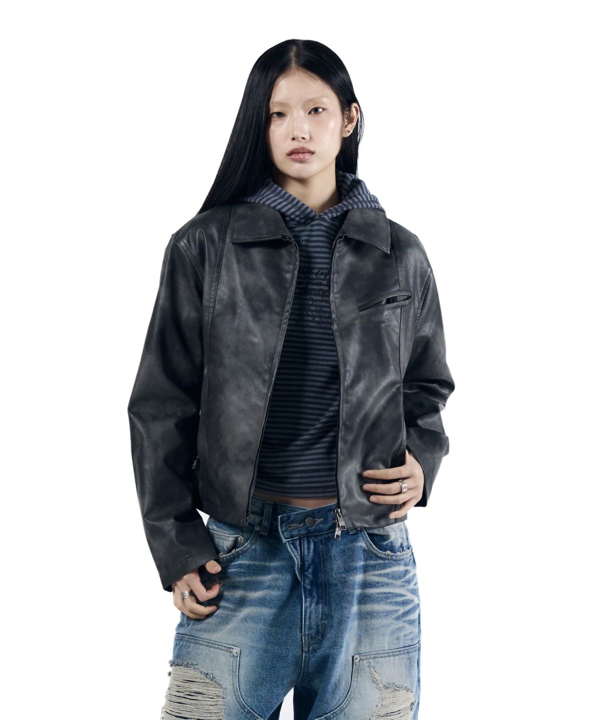 아캄(AAKAM) Salt Washed Leather Jacket (Black)