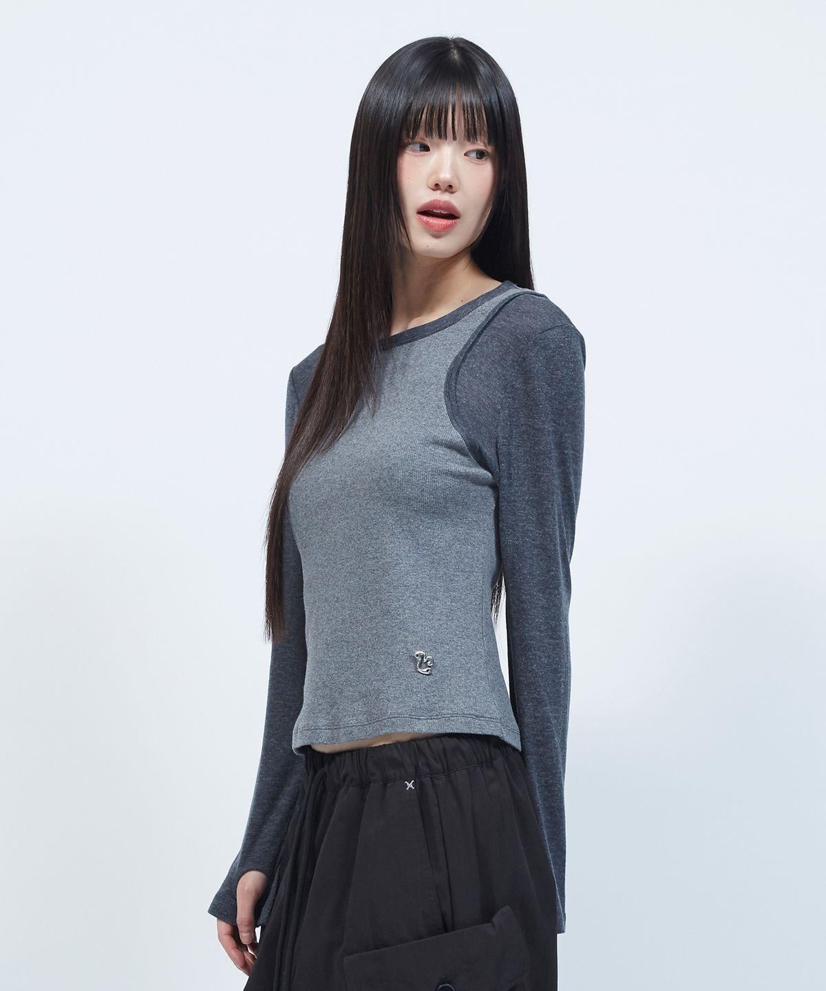 엘엠알(LMR) 슬림 골지 레이어드 긴팔 티셔츠 GREY