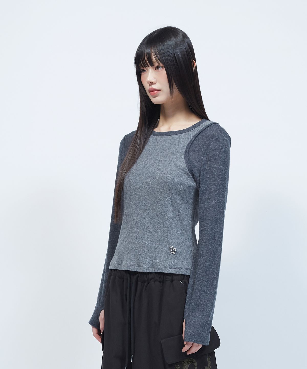 엘엠알(LMR) 슬림 골지 레이어드 긴팔 티셔츠 GREY
