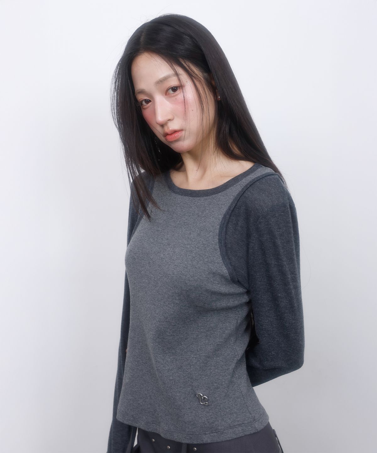 엘엠알(LMR) 슬림 골지 레이어드 긴팔 티셔츠 GREY