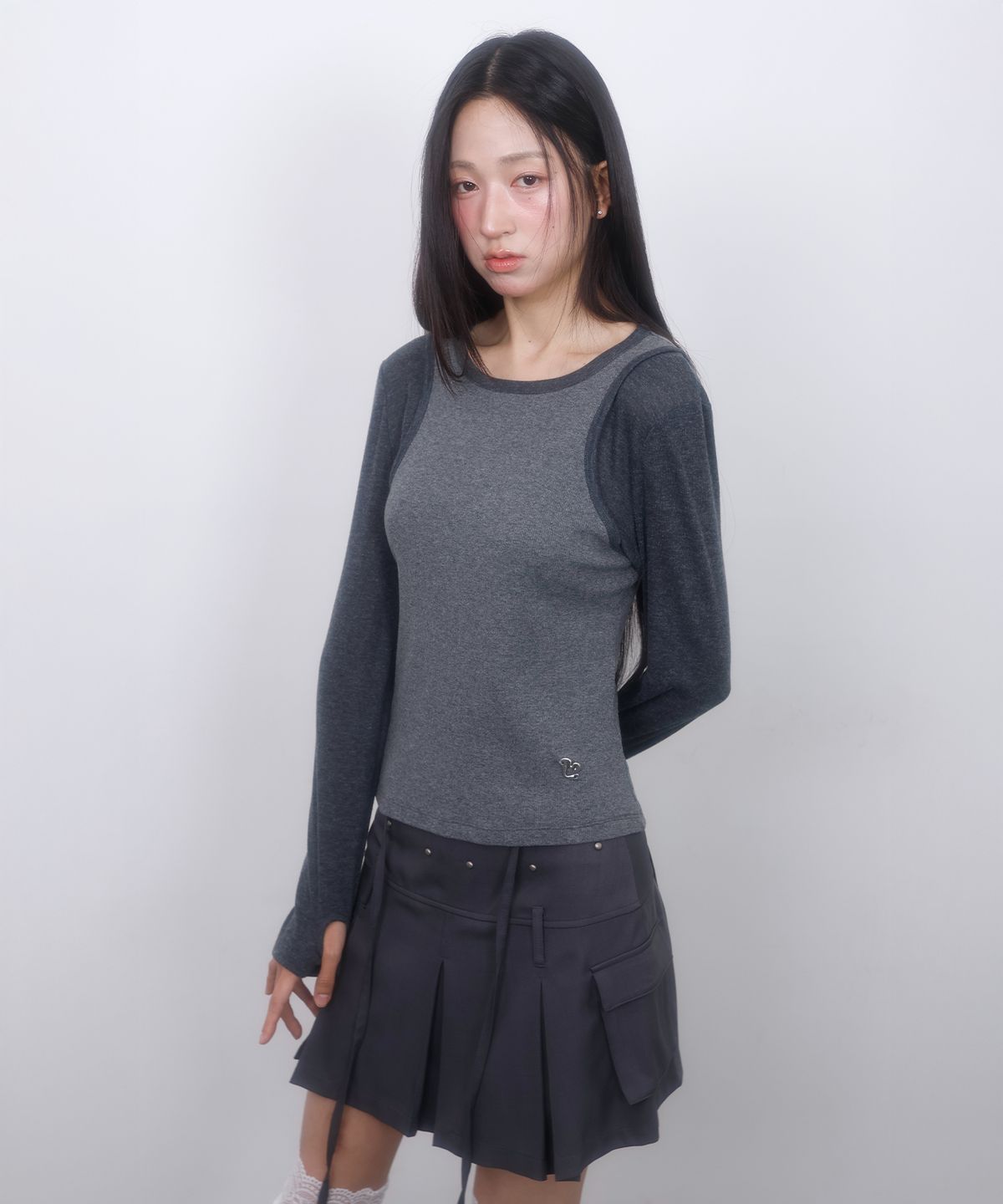 엘엠알(LMR) 슬림 골지 레이어드 긴팔 티셔츠 GREY