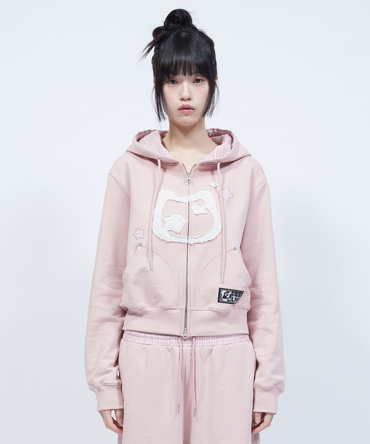 엘엠알(LMR) 캣 심볼 패치워크 크롭 후드 집업 PINK