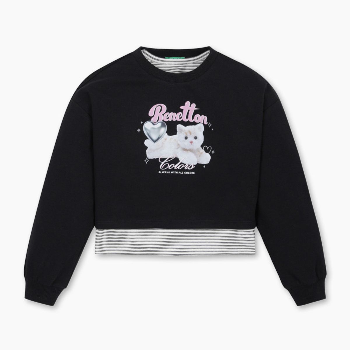 베네통키즈(BENETTONKIDS) 하트 캣 레이어드 맨투맨_QAMT09611BK