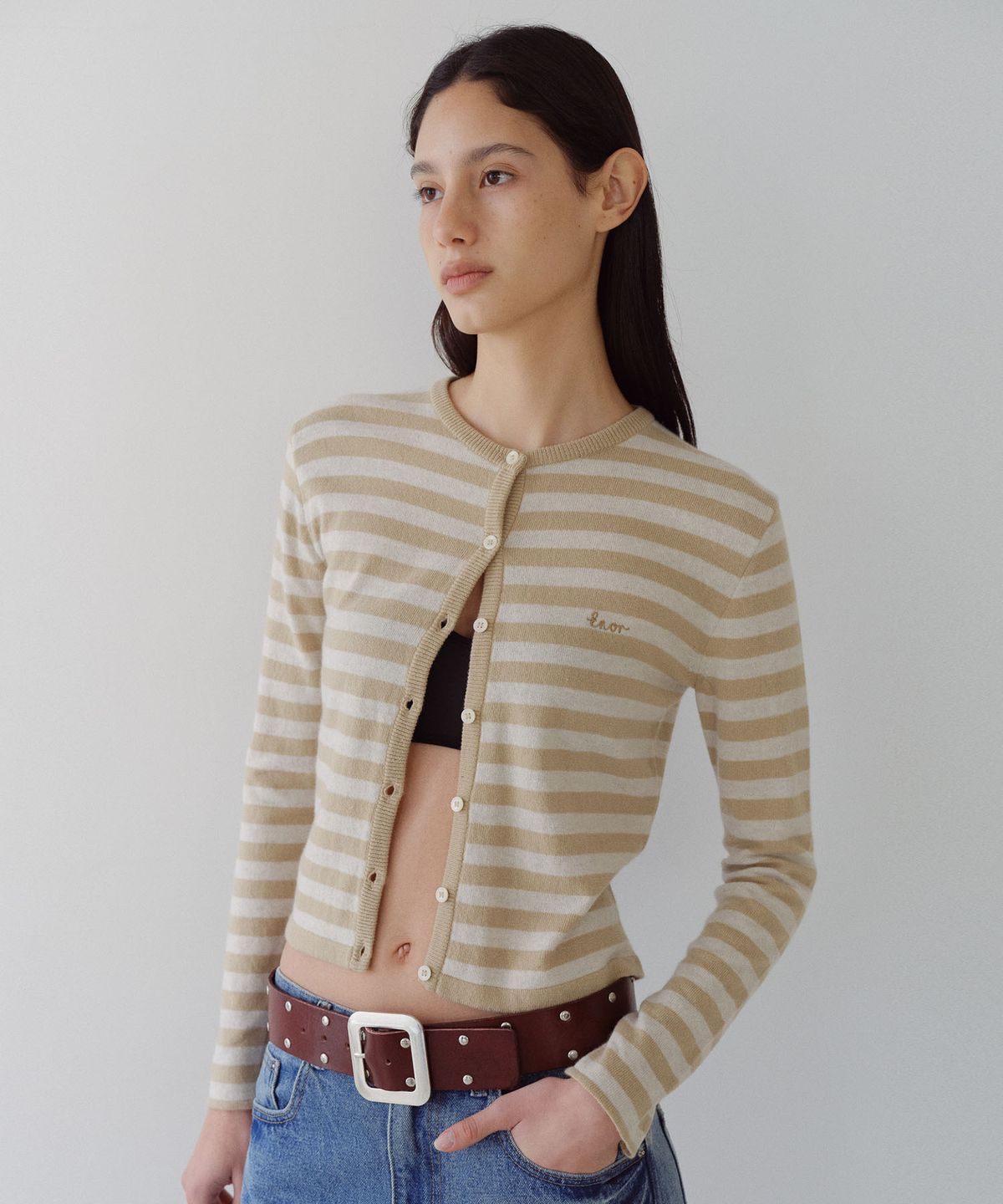 엔오르(EN OR) MERINO WOOL BLEND STRIPED CARDIGAN - BEIGE