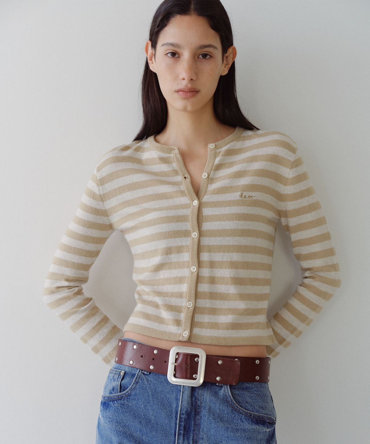 엔오르(EN OR) MERINO WOOL BLEND STRIPED CARDIGAN - BEIGE