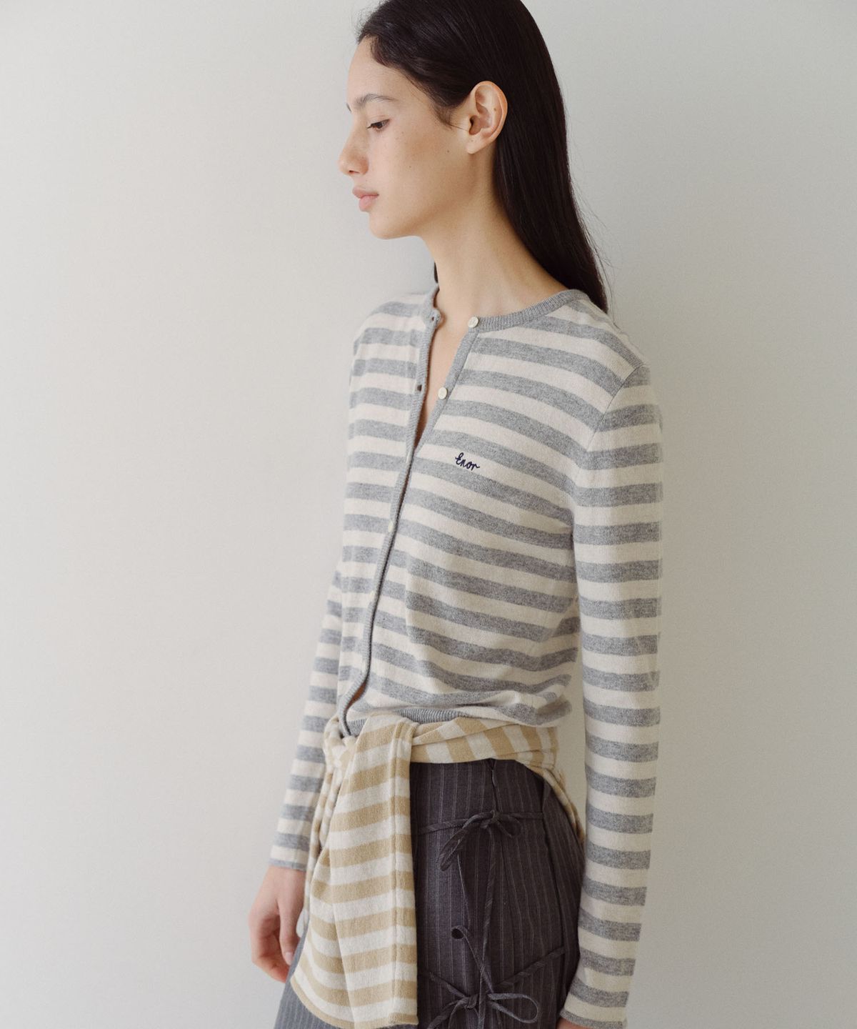 엔오르(EN OR) MERINO WOOL BLEND STRIPED CARDIGAN - GREY