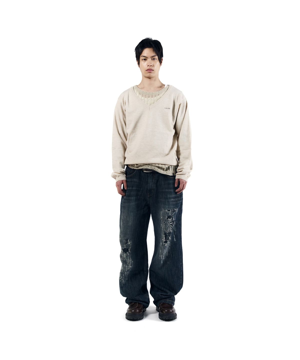 아캄(AAKAM) Scratched Denim Pants (Indigo)