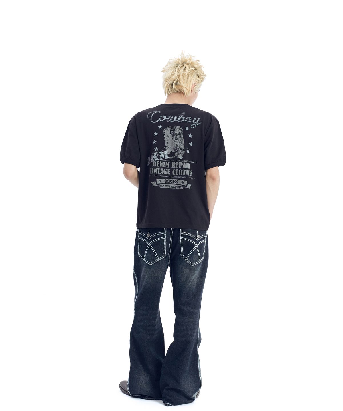 아캄(AAKAM) Stitched Flare Denim Pants (Dark Blue)
