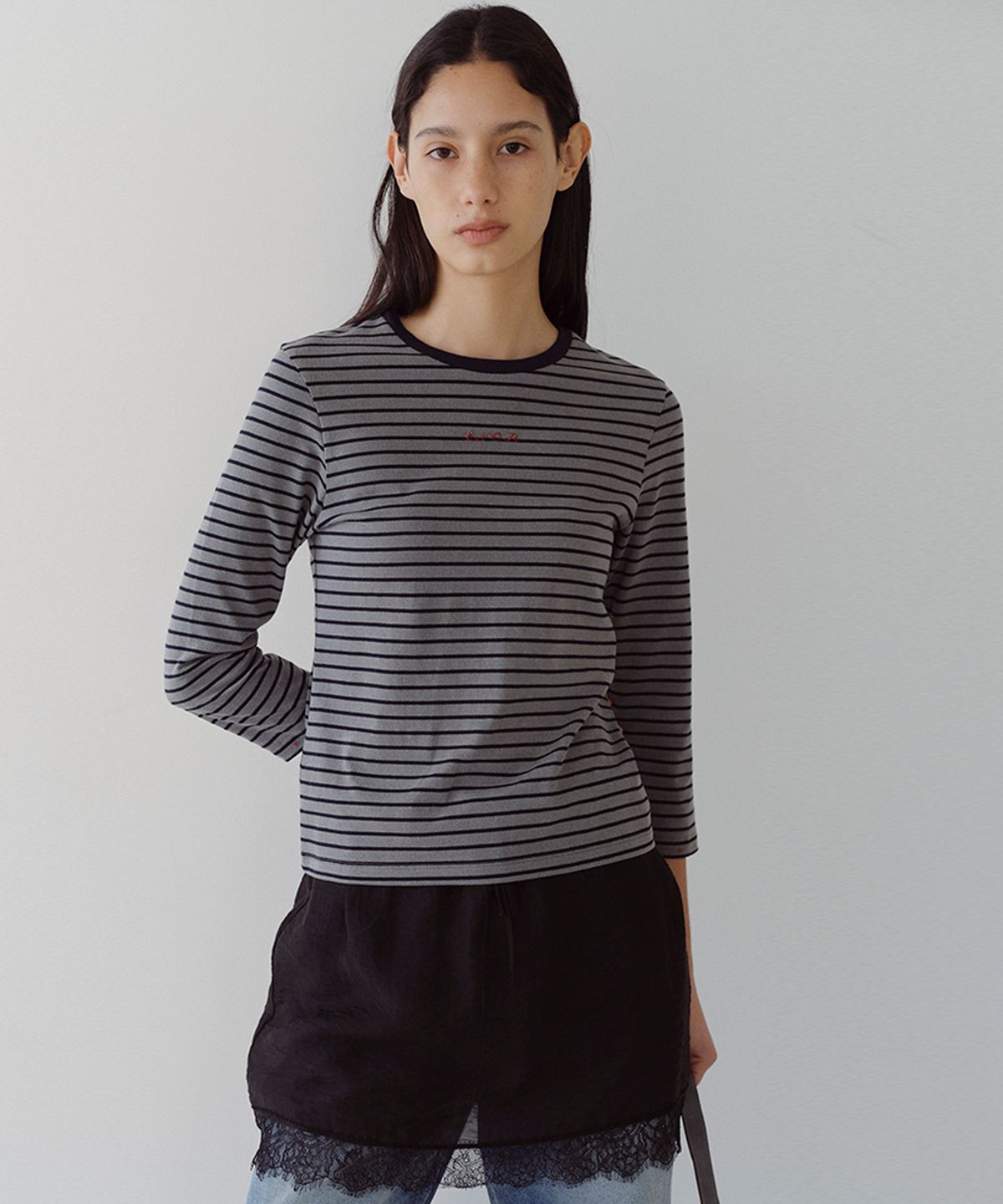 엔오르(EN OR) STRIPED 3/4 SLEEVE T-SHIRT - GREY