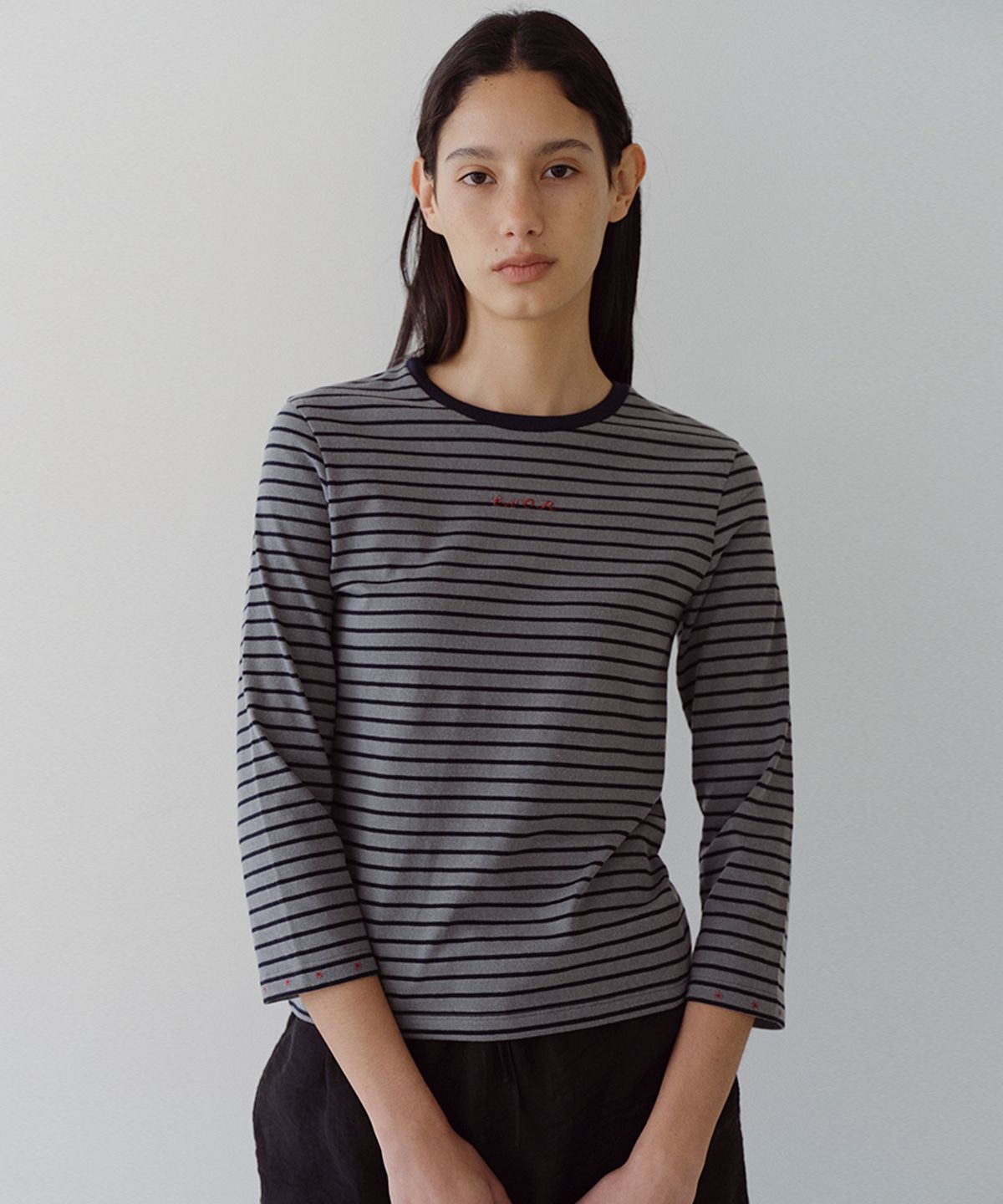 엔오르(EN OR) STRIPED 3/4 SLEEVE T-SHIRT - GREY