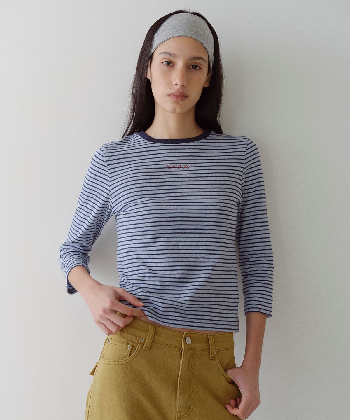 엔오르(EN OR) STRIPED 3/4 SLEEVE T-SHIRT - BLUE