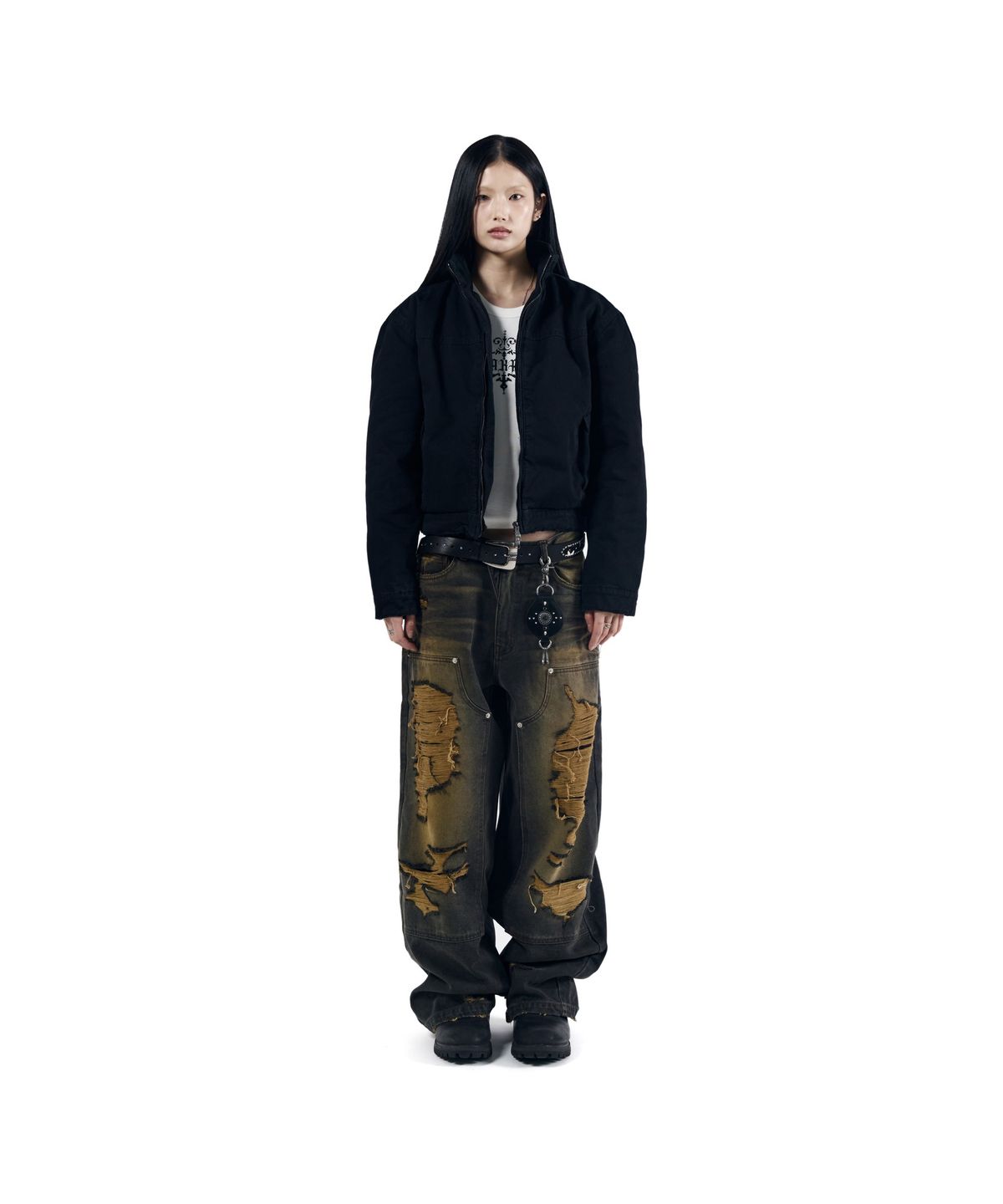 아캄(AAKAM) Destroyed Double Knee Denim Pants (Brown)