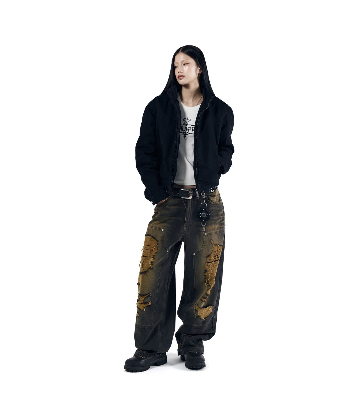 아캄(AAKAM) Destroyed Double Knee Denim Pants (Brown)