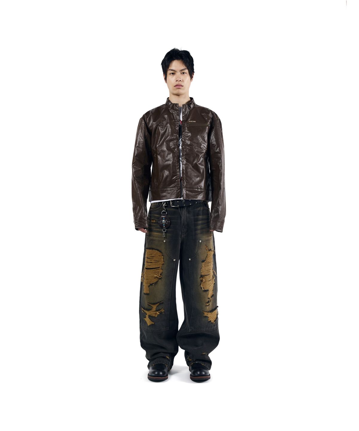 아캄(AAKAM) Destroyed Double Knee Denim Pants (Brown)