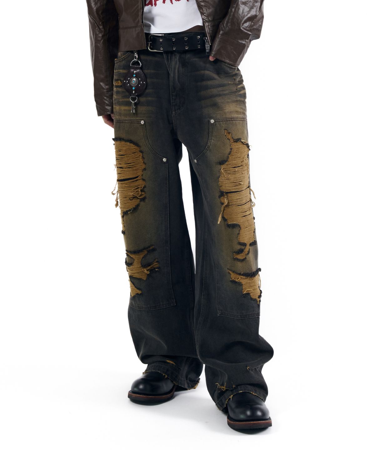 아캄(AAKAM) Destroyed Double Knee Denim Pants (Brown)