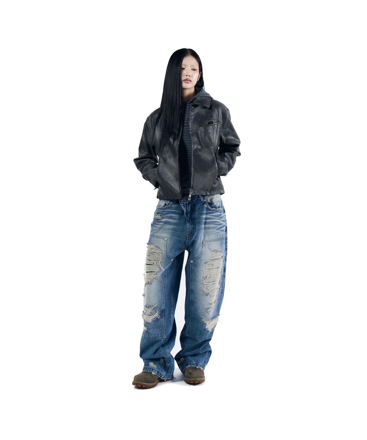 아캄(AAKAM) Destroyed Double Knee Denim Pants (Blue)
