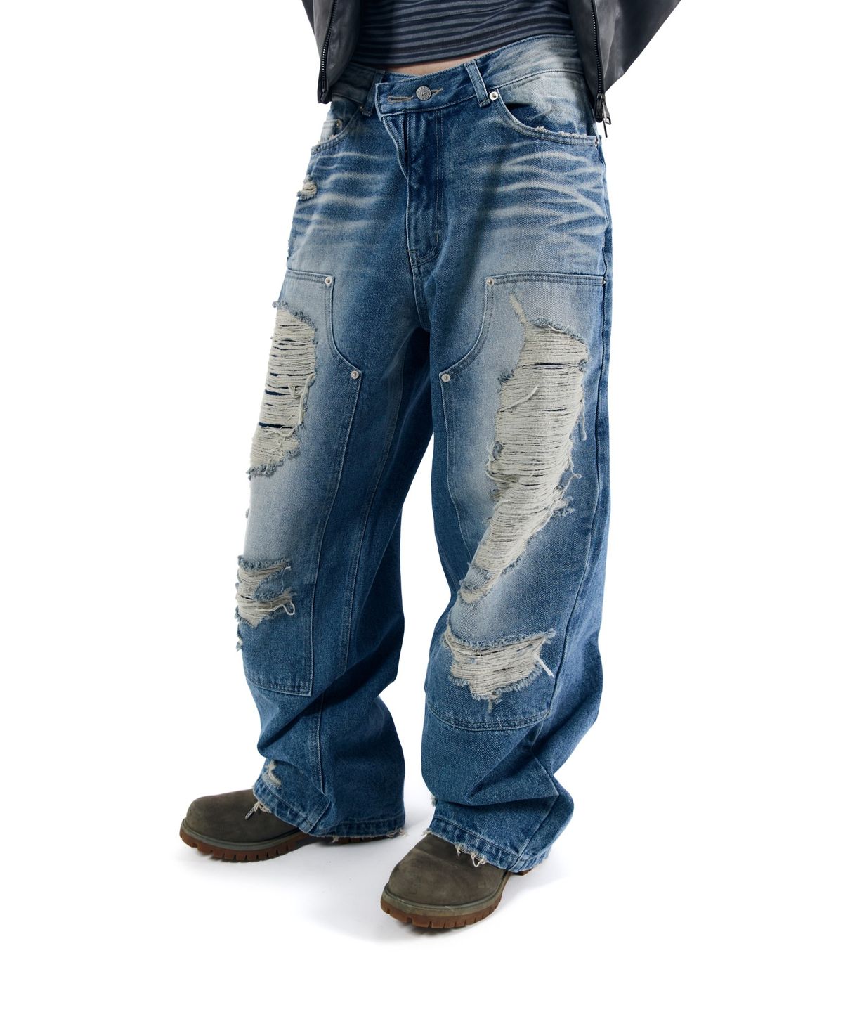 아캄(AAKAM) Destroyed Double Knee Denim Pants (Blue)