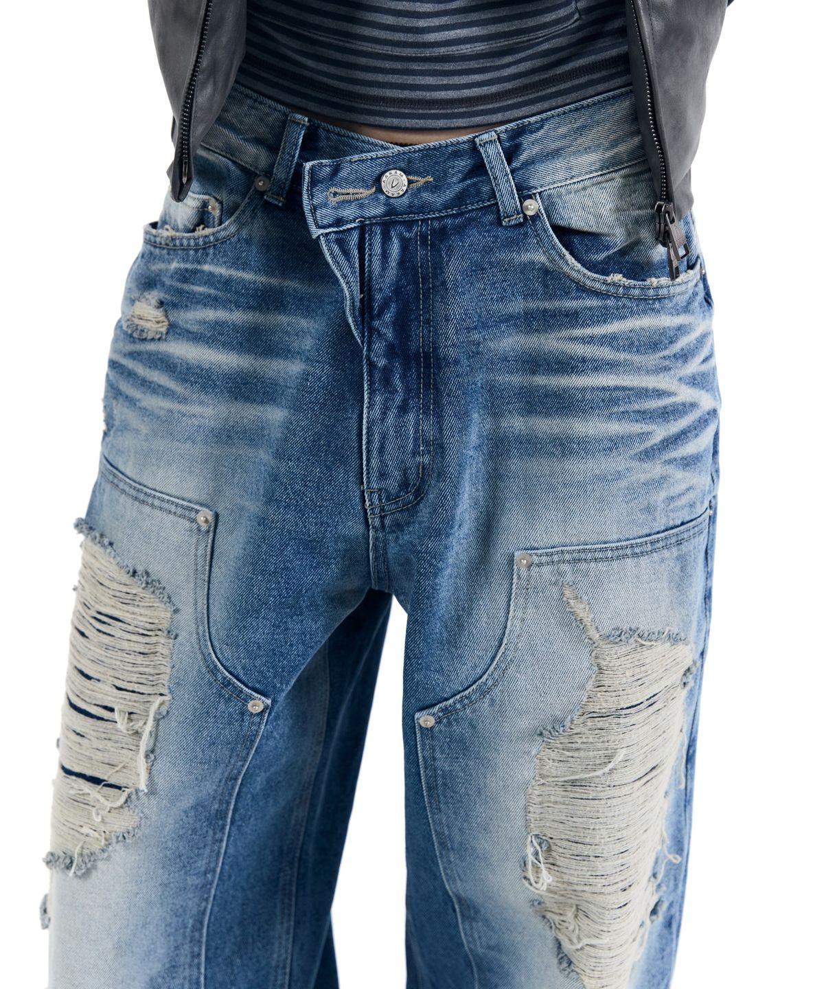 아캄(AAKAM) Destroyed Double Knee Denim Pants (Blue)