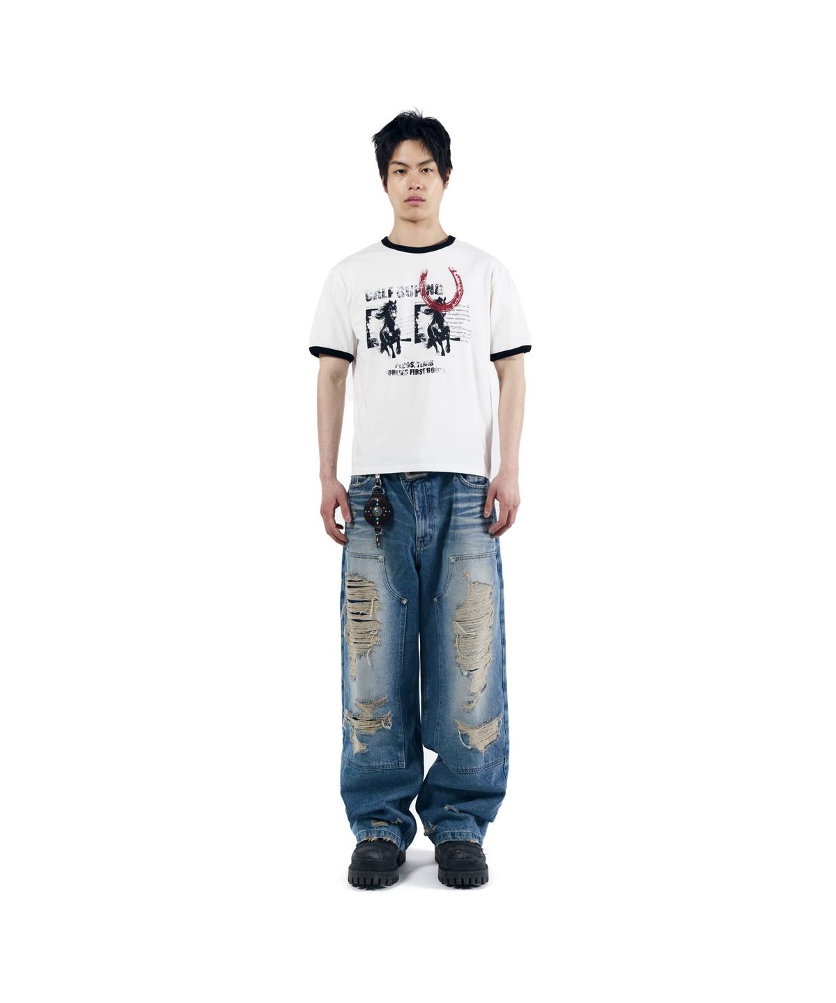 아캄(AAKAM) Destroyed Double Knee Denim Pants (Blue)