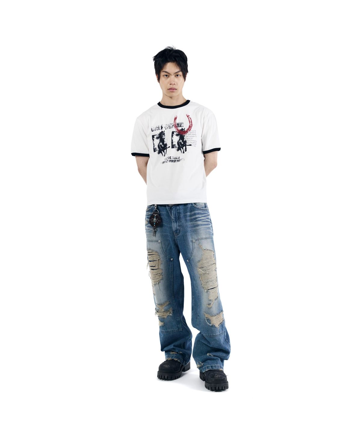아캄(AAKAM) Destroyed Double Knee Denim Pants (Blue)