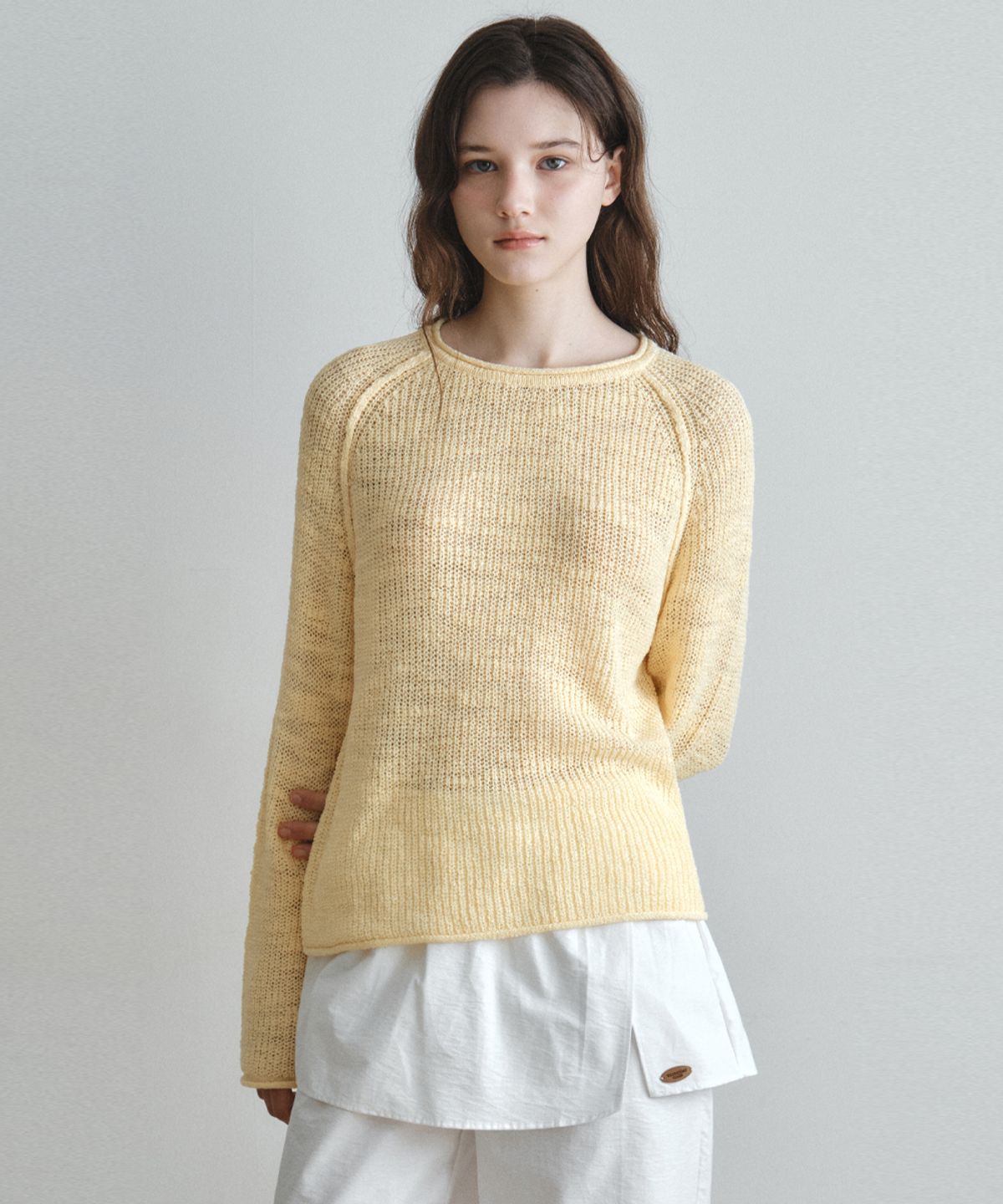 웬즈데이오아시스 포 우먼(WEDNESDAYOASISFORWOMEN) 부클 슬라브 레글런 니트_BUTTER YELLOW(WC26KN05)