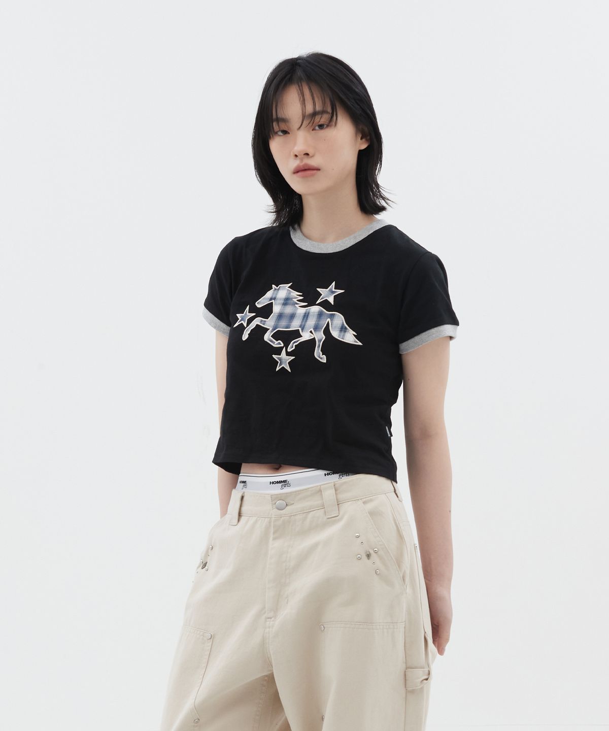도미넌트(DOMINANT) 3 Star Horse Patch Crop T-Shirt_Black