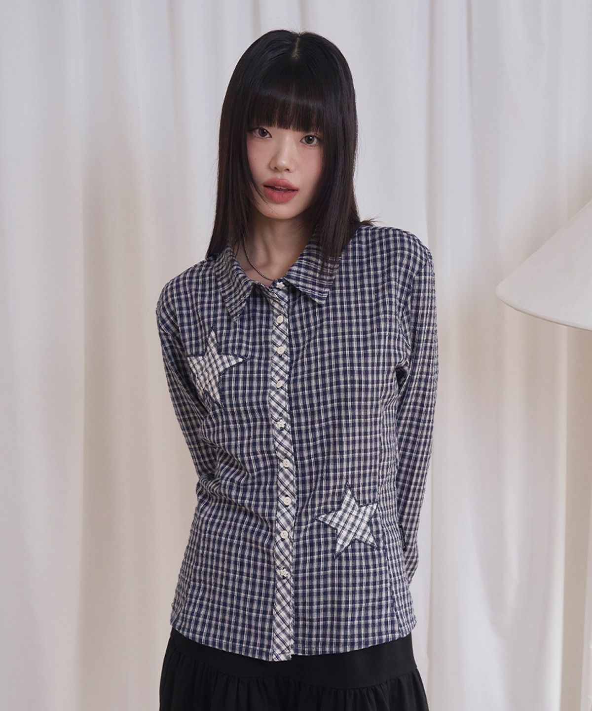 프렌다(PRENDA) STAR PATCH CHECK LONG SLEEVE SHIRT NAVY