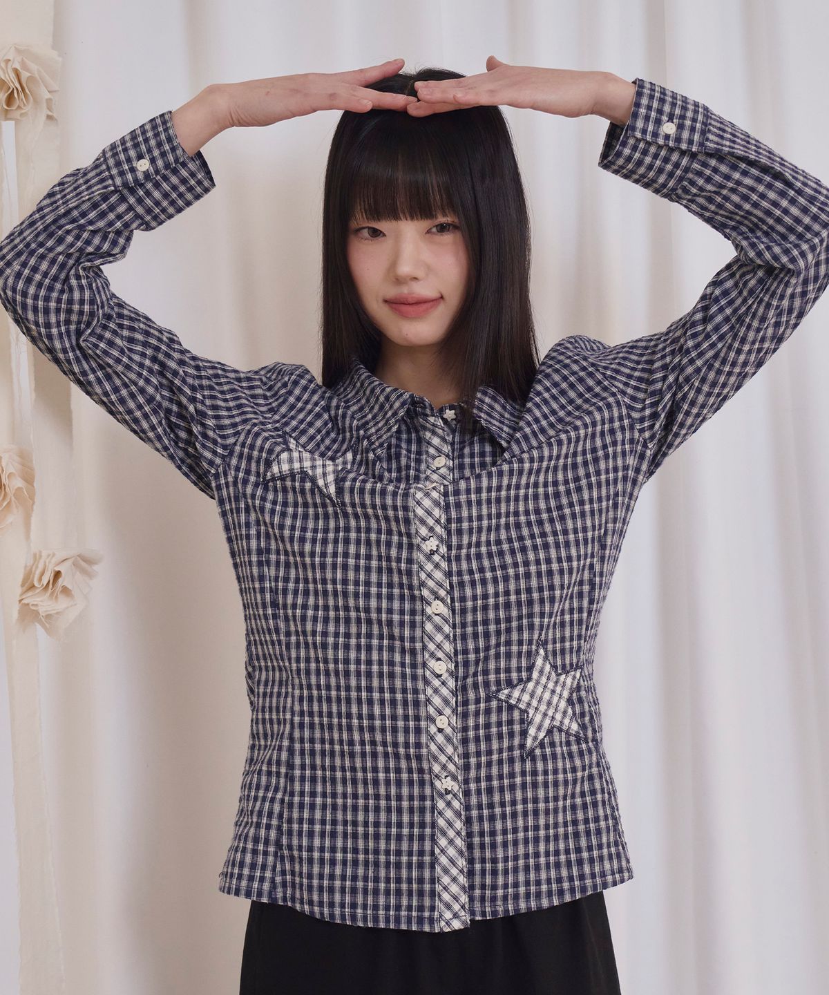 프렌다(PRENDA) STAR PATCH CHECK LONG SLEEVE SHIRT NAVY