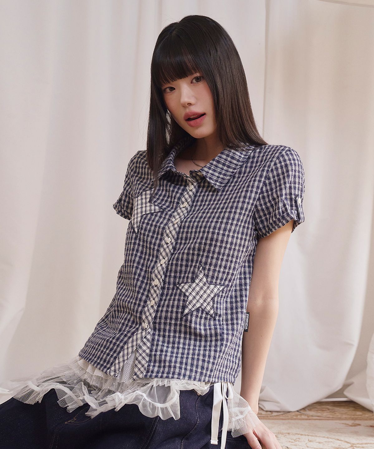 프렌다(PRENDA) STAR PATCH ROLL UP CHECK SHORT SLEEVE SHIRT NAVY
