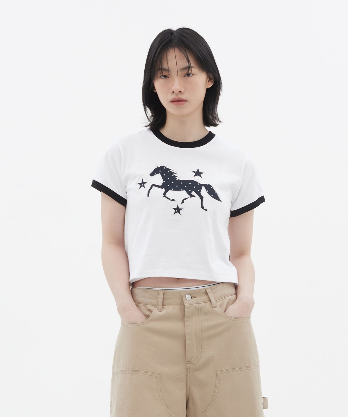 도미넌트(DOMINANT) 3 Star Horse Patch Crop T-Shirt_White